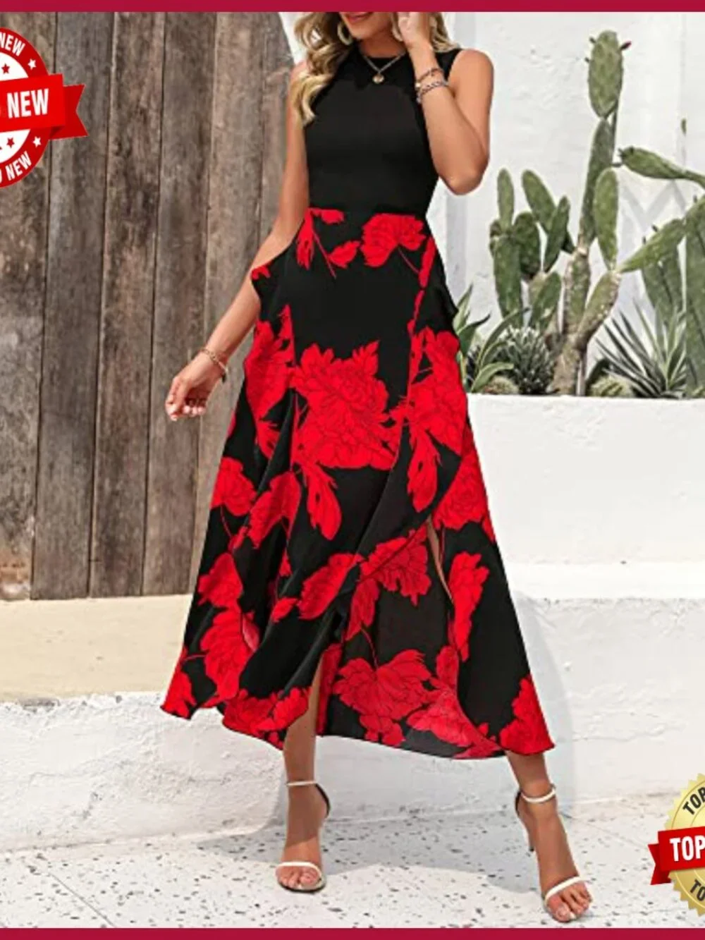 Sleeveless Midi Dress Floral Ruffle A-Line High Waist Casual Party - Picture 2 of 7